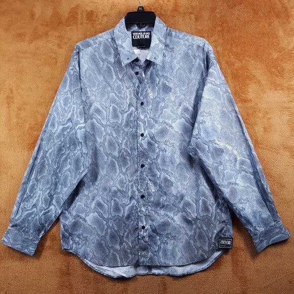 VERSACE COUTURE Shirt Mens Medium Gray Python Button Up Snakeskin Logo $550 - Picture 1 of 13